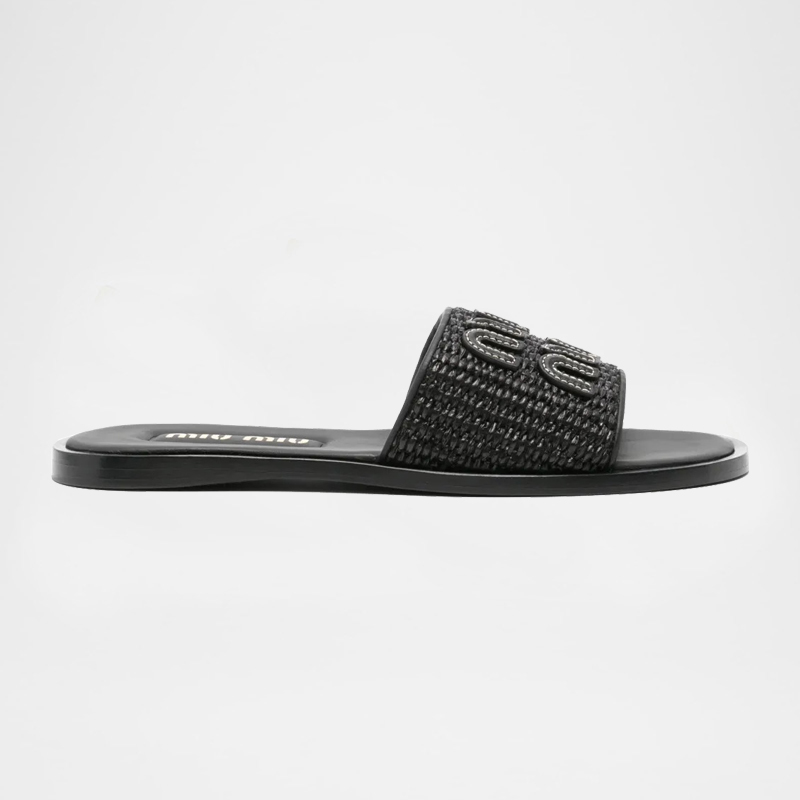 Raffia-effect Woven Fabric Slides